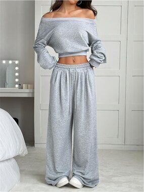 NWT Trendy Gray Off-Shoulder Long-Sleeve Sports Top And High-Waisted Pants